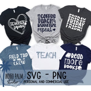 以下が含まれることがあります： 教師用Tシャツの6つの異なるデザイン。デザインには、「Teacher Squad」、「Coffee Teach Sanitize Repeat」、「Friday Friday Friday」、「Field Trip Crew」、「Teach」、「Read More Books」が含まれています。