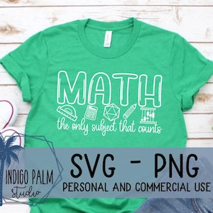 May include: Green t-shirt with white text that reads "MATH the only subject that counts". The text is surrounded by small white icons of math symbols. The shirt is on a wooden surface.  SVG - PNG. PERSONAL AND COMMERCIAL USE.