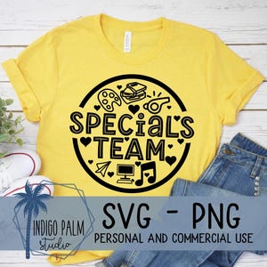 May include: A yellow t-shirt with a black graphic that reads "SPECIAL'S TEAM" inside a circle with school-related icons. The shirt is paired with blue jeans and white sneakers. The text "SVG - PNG" is also visible.