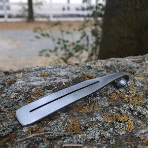Può includere: Uno strumento in metallo argentato con un anello a un'estremità e un bordo dritto all'altra. Lo strumento è appoggiato su un pezzo di corteccia ruvida e grigia con licheni gialli.