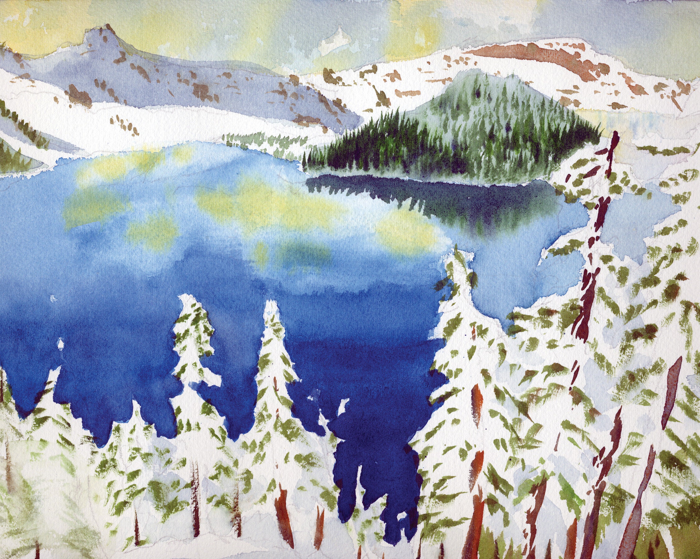 4-pack Oregon Greeting Card Watercolor Crater Lake in the Snow | Etsy