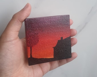 7cm Mini Acrylic Canvas Painting, Summer, Tiny Painting, Miniature Painting, Silhouette, Gift, Painting, Artwork, Small Painting, Mini Art,