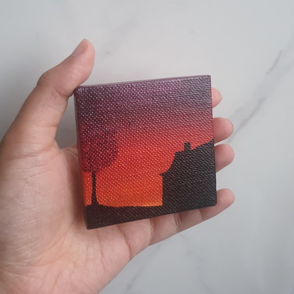 7cm Mini Acrylic Canvas Painting, Summer, Tiny Painting, Miniature Painting, Silhouette, Gift, Painting, Artwork, Small Painting, Mini Art,