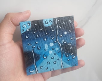 7cm Mini Acrylic Canvas Painting, Rain, Tiny Painting, Miniature Painting, Rain Aesthetic, City Painting, Artwork, Small Painting, Mini Art,