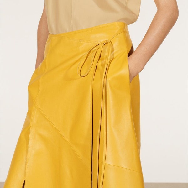 Handmade Women's genuine Lambskin Leather wrap yellow skirt outfit leather skirt With two pocket waist string Customization is also accepted