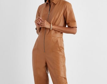 Handmade Lambskin Leather Jumpsuit: Women's Vintage Style Outfit