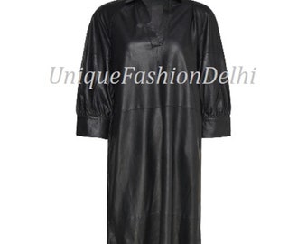 Handmade Lambskin Leather Dress: V-Neck Collared, Ankle Length