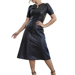 Lambskin Leather A-Line Dress: Short Sleeve Vintage Style