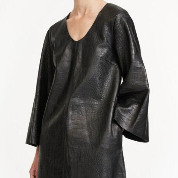 Handmade genuine crocodile embossed metallic lambskin leather maxi hemline dresses and is shaped with wide sleeves and a rounded V neckline