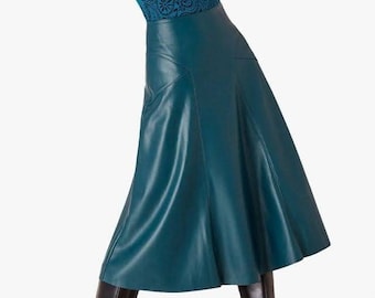 Handmade Lambskin Leather A-Line Skirt - Steel Blue Vintage Style