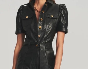 Handmade Lambskin Leather Jumpsuit: Women's Vintage Style Outfit