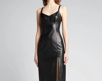 Handmade Lambskin Leather Pencil Dress: Vintage Black Outfit