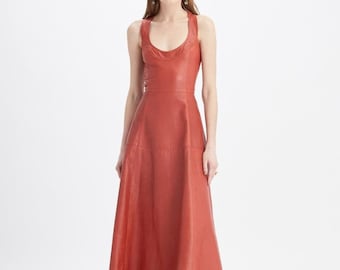 Handmade Lambskin Leather Long Dress: Sleeveless Vintage Outfit