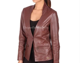 Chaqueta de piel de cordero de corte entallado: Blazer estilo vintage para mujer