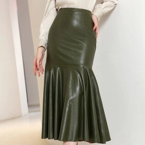 Handgemachte Damen echtes Lammfell Mid Rock High Waist Meerjungfrau Saum Mid Leder Rock Outfit Lederrock Vintage Leder Schöne Rock
