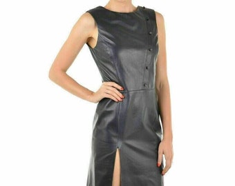 Handmade Lambskin Leather Midi Dress: Sleeveless Black A-Line
