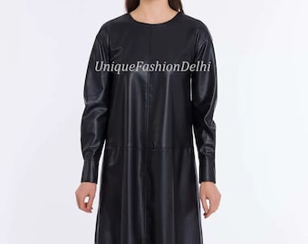 Handmade Lambskin Leather A-Line Dress: Long Sleeve Crew Neck