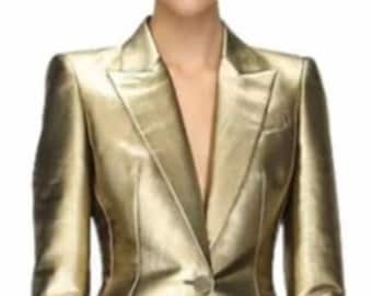 Abrigo de piel de cordero hecho a mano: Chaqueta vintage dorada de corte entallado