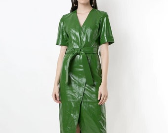 Handmade Lambskin Leather Dress: Vintage Short Sleeve Outfit