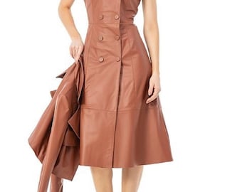 Lambskin Leather A-Line Dress: Vintage Double Breasted V-Neck