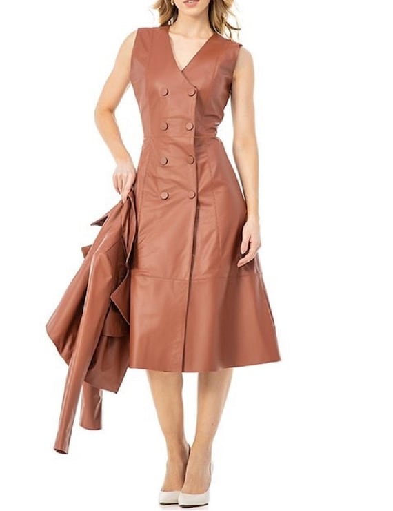 leather slit dress Mocha Faux Leather Lace Up Cut Out Double Slit Long Sleeve Dress main image 1