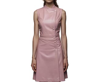 Blush Pink Lambskin Leather Mini Dress - Sleeveless A-Line - Handmade