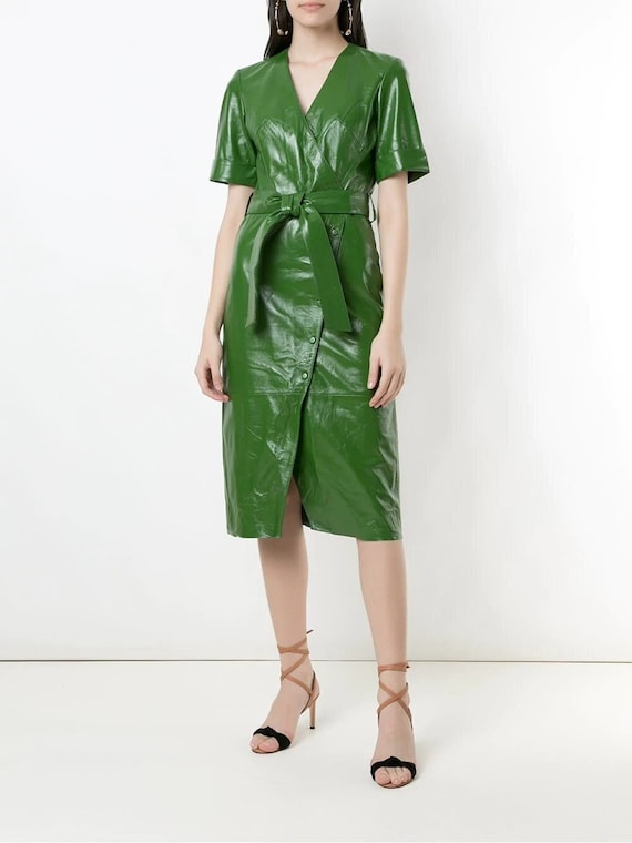 green leather dress outfit Marilyn Pencil Dress in Emerald Green – HAYA ATASSI main image 1