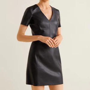 Handmade Lambskin Leather Mini Dress: Sleeveless V-Neck Outfit