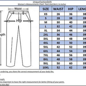 May include: A women's measurements chart for pants and skirts, with sizes ranging from XS to 10XL. The chart includes waist, hip, and length measurements in inches. The text at the top reads "Unique Fashion Delhi".