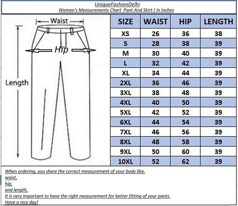 May include: A women's measurements chart for pants and skirts, with sizes ranging from XS to 10XL. The chart includes waist, hip, and length measurements in inches. The text at the top reads "Unique Fashion Delhi".