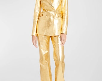 Handgefertigter Damen Echtes Lammfell Goldmetallic Lederanzug Blazer und Lederhose mit geradem Bein, Alle Arten von Sonderanfertigungen akzeptiert