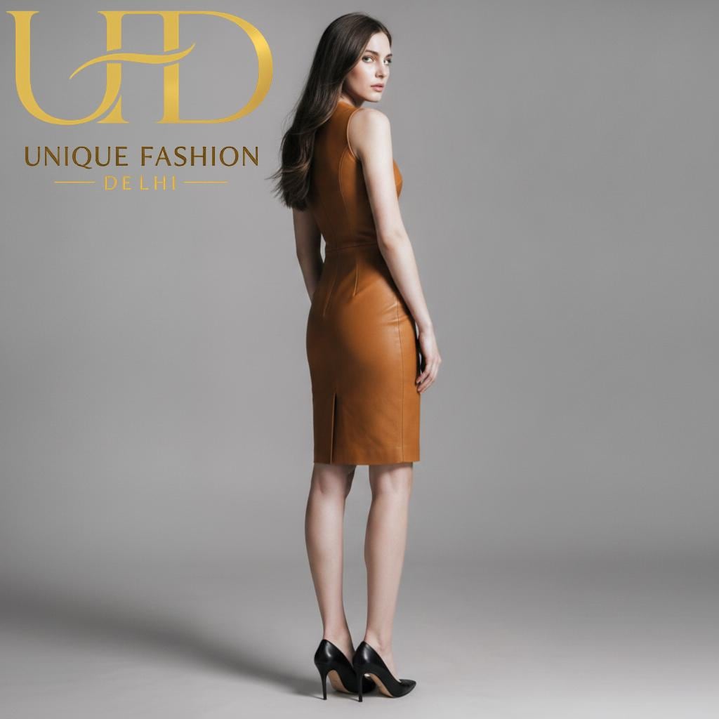 Cognac Lambskin Leather Sheath Dress