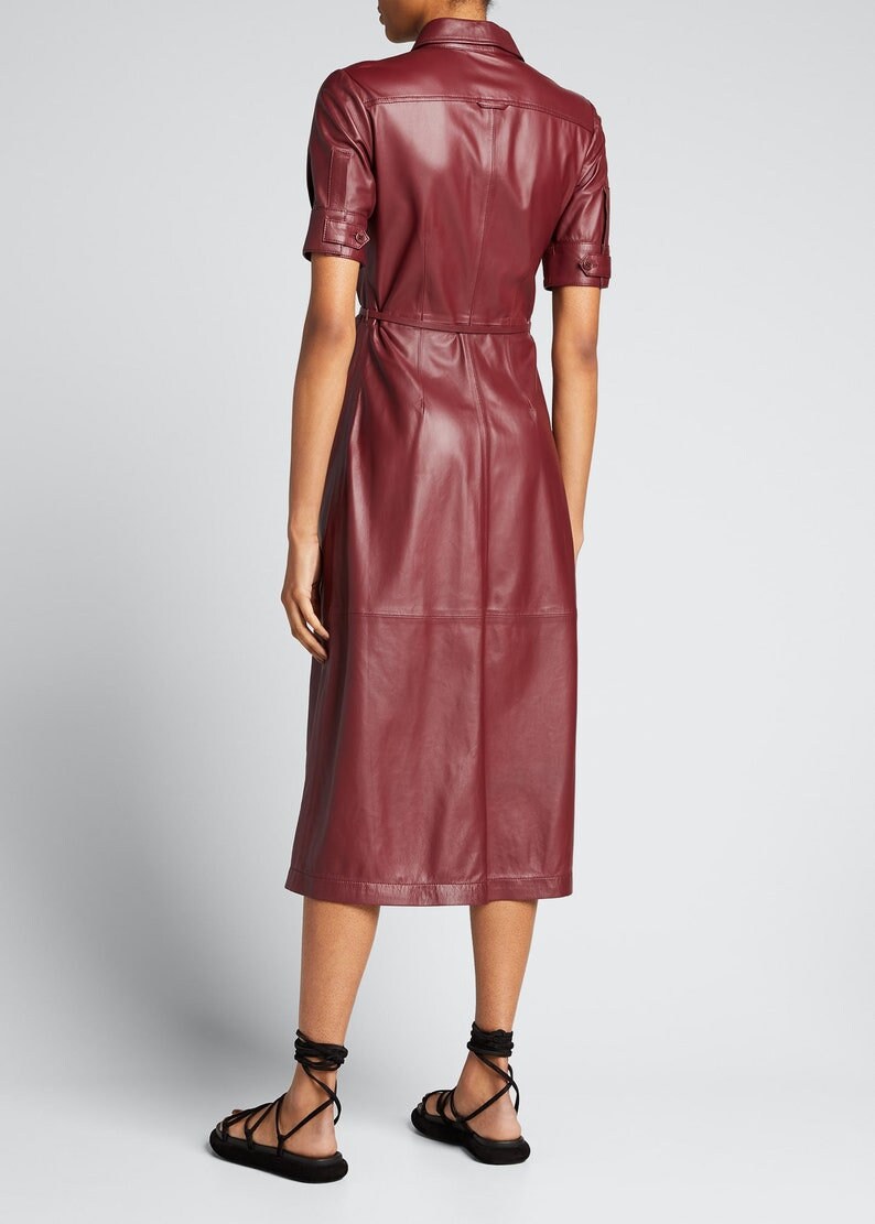 Handmade Lambskin Leather Shirt Dress: Short Sleeve Midi Outfit