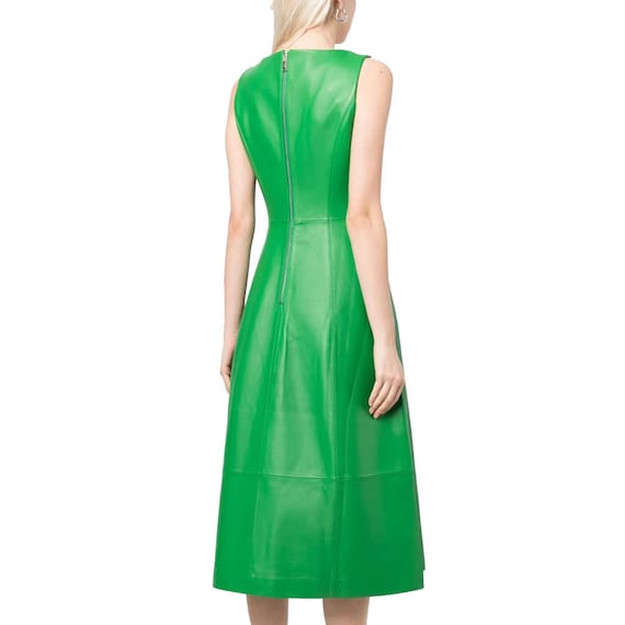 emerald green leather dress Gigot Sleeve Split Back PU Leather Dress