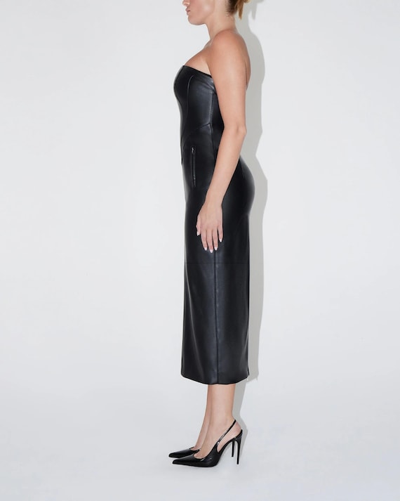 Handmade Lambskin Leather Dress: Off-the-Shoulder Black Midi Handmade Lambskin Leather Dress: Off-the-Shoulder Black Midi