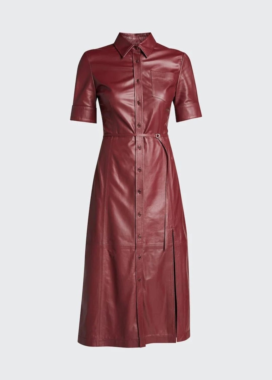 Handmade Lambskin Leather Shirt Dress: Short Sleeve Midi Outfit Handmade Lambskin Leather Shirt Dress: Short Sleeve Midi Outfit