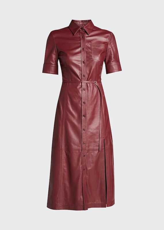 Handmade Lambskin Leather Shirt Dress: Short Sleeve Midi Outfit Handmade Lambskin Leather Shirt Dress: Short Sleeve Midi Outfit