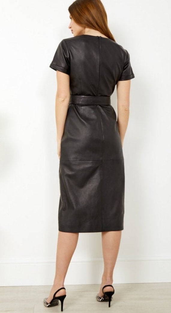 Handmade Lambskin Leather Dress: Short Sleeve V-Neck Belted Outfit Handmade Lambskin Leather Dress: Short Sleeve V-Neck Belted Outfit