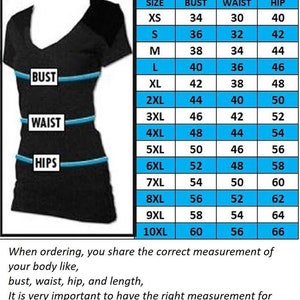 May include: A size chart for women's clothing with measurements for bust, waist, and hips in inches. The chart includes sizes from XS to 10XL.