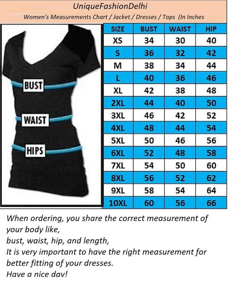 May include: A size chart for women's clothing with measurements for bust, waist, and hips in inches. The chart includes sizes from XS to 10XL.