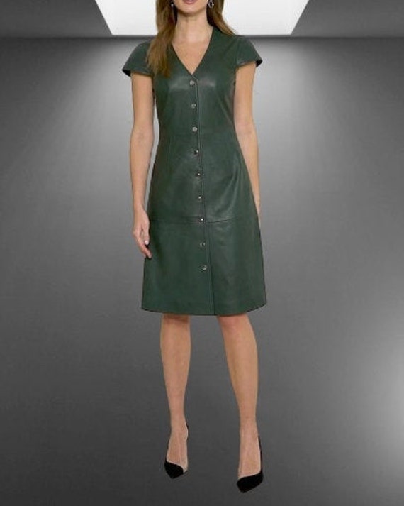 Handmade Lambskin Leather Dress: Short Sleeve Button-Up Green Dress