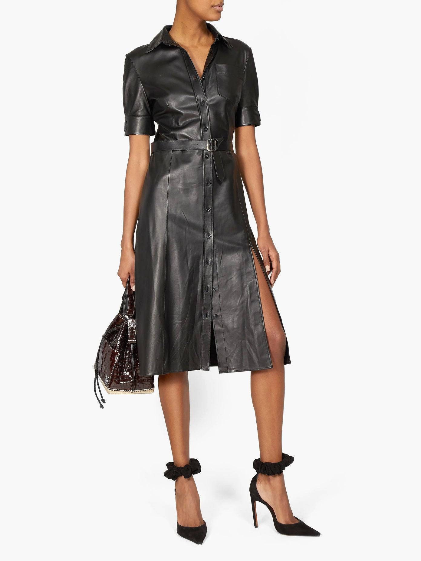 chinese dress ladies Vince Women's Leather Trim Shirt Dress, Black, XXS at Amazon Women's  Clothing store main image 1