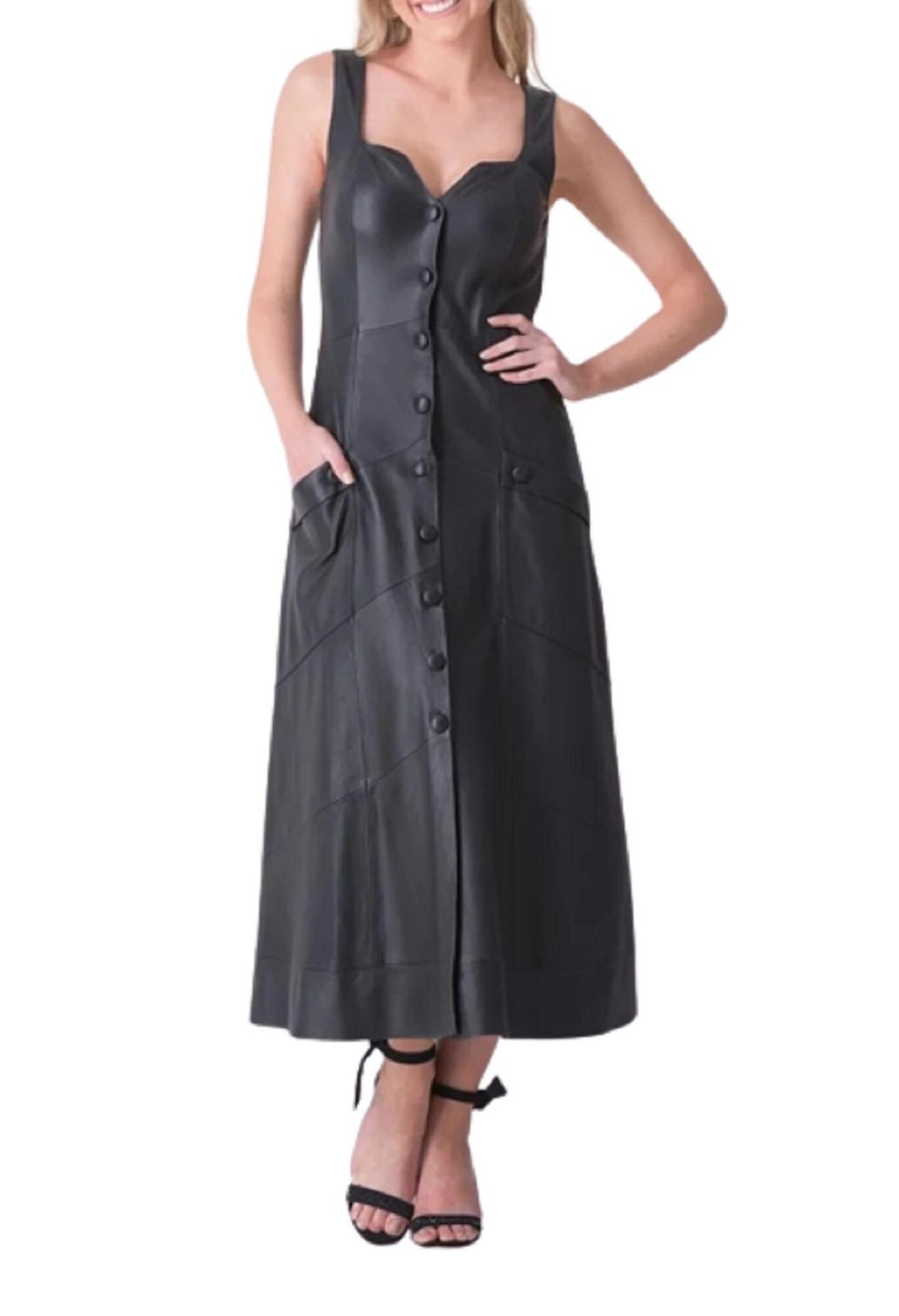 Lambskin Leather Dress: Sweetheart Neckline, Sleeveless Midi Lambskin Leather Dress: Sweetheart Neckline, Sleeveless Midi