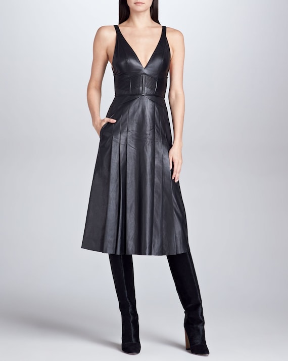 Handmade Lambskin Leather V-Neck Dress: Sleeveless Midi Outfit