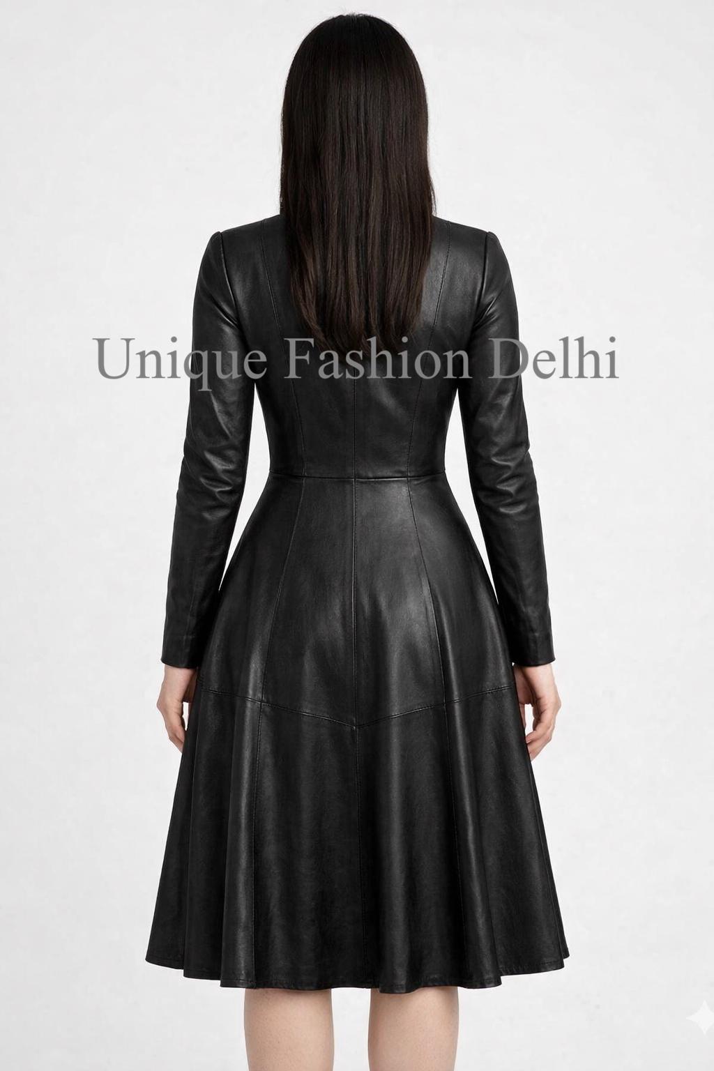 black midi dress with leather jacket Lambskin Fit & Flare – Tailored Coat Style, Zip Front, Lined party black dress with leather jacket