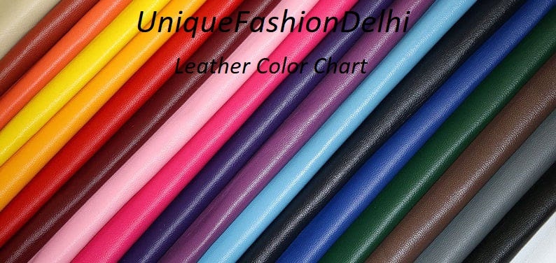 May include: A color chart of leather swatches in a variety of colors, including red, orange, yellow, pink, purple, blue, green, and gray. The text "UniqueFashionDelhi Leather Color Chart" is displayed at the top.