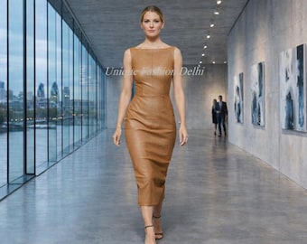 Tan Lambskin Leather Midi Dress, Sleeveless Boat Neck Fitted Office Wear