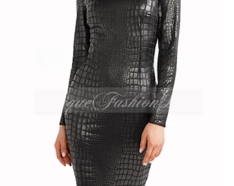 Crocodile Embossed Lambskin Leather Dress: Long Sleeve Crew Neck