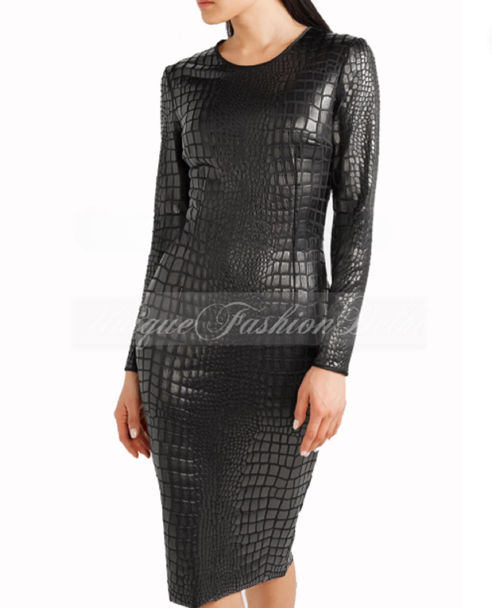 Crocodile Embossed Lambskin Leather Dress: Long Sleeve Crew Neck