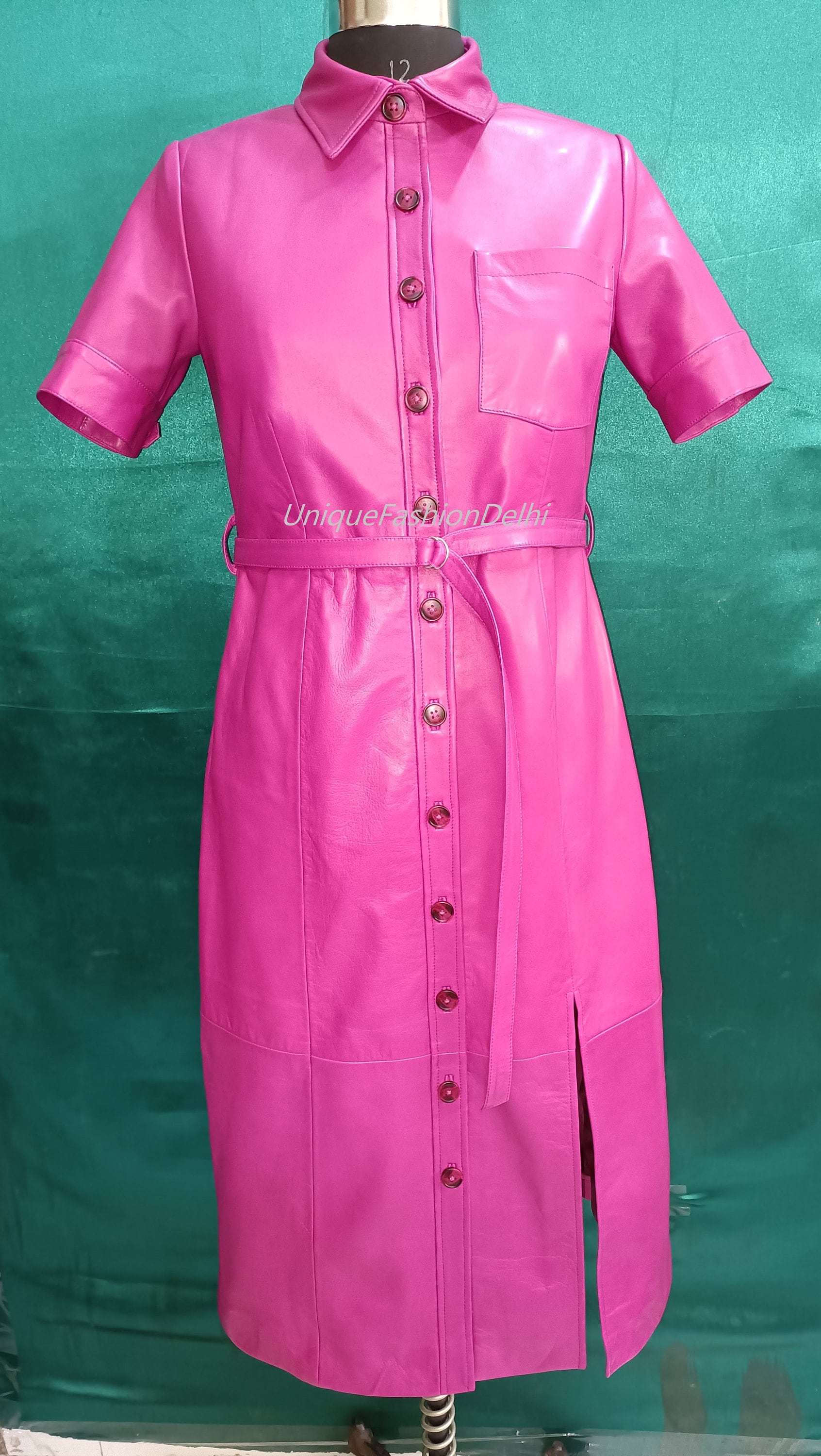 Handmade Lambskin Leather Shirt Dress: Short Sleeve Midi Outfit